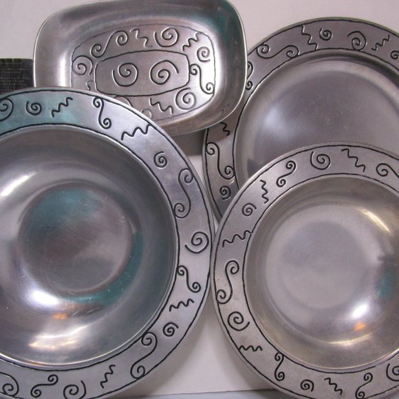Lot Pewter Pizzazz Bowl Tray Charger Plate Bread Vintage USA